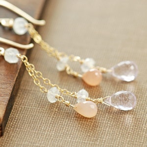 Pink Amethyst and Peach Moonstone Slinky Dangle Handmade Earrings in 14k Gold Fill, Long Delicate Pastel Jewelry