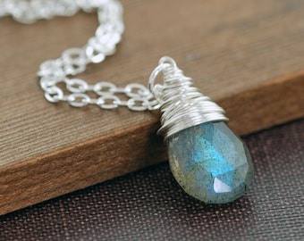 Labradorite Silver Necklace, Gray Gemstone Sterling Silver Wire Wrap Pendant, aubepine