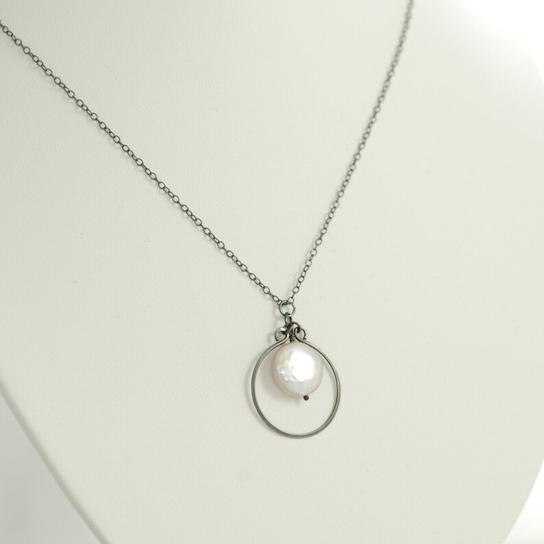Coin Pearl Sterling Silver Necklace, Handmade Pendant Oxidized Hoop, aubepine image 5