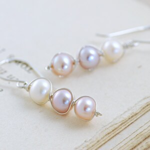 Pastel Pearl Earrings Sterling Silver, Bridesmaid Jewelry, June Birthstone, Delicate Pearl Dangle Earrings, aubepine image 4