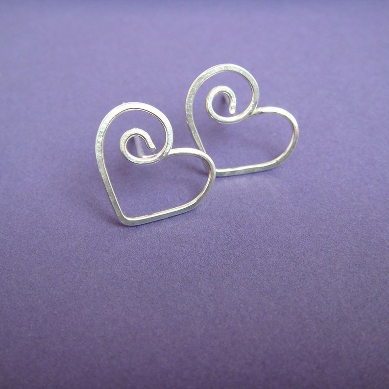 Heart Earrings in Sterling Silver, Love Jewelry, Heart Post Earrings, Handmade Metal Studs image 3