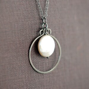 Coin Pearl Sterling Silver Necklace, Handmade Pendant Oxidized Hoop, aubepine image 2