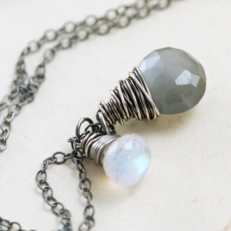 Gray Moonstone Necklace Wrapped in Sterling Silver Oxidized, Gray White Gemstone Necklace, aubepine image 1