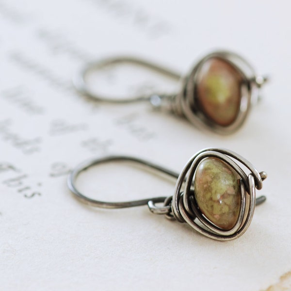 Autumn Gemstone Dangle Earrings, Sterling Silver Jasper Earrings, Wire Wrapped Handmade, aubepine