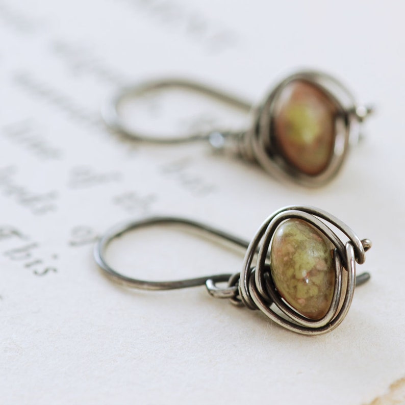 Autumn Gemstone Dangle Earrings, Sterling Silver Jasper Earrings, Wire Wrapped Handmade, aubepine image 1