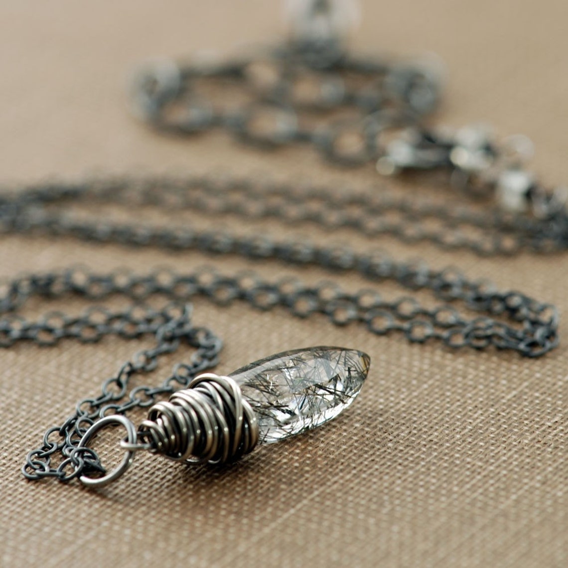 Necklace Black Rutilated Quartz Wrapped in Sterling Silver Etsy