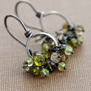 Green Gemstone Cluster Earrings, August Peridot Birthstone Jewelry, Sterling Silver Hoops, Rustic Autumn Earrings image 2