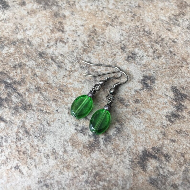 Green Glass Oval Dangle Earrings with Hematite Oxidized Brass Gunmetal Wire Canadian Designer