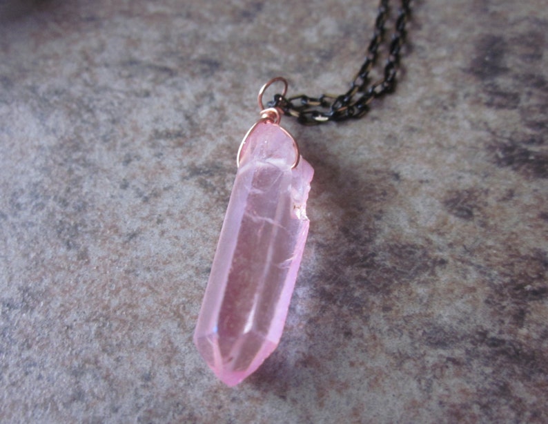 Rose Aura Quartz Necklace Canadian Shop Pastel Pink Crystal Gifts for Him or Her Copper /& Gunmetal Layering Necklace Heart Chakra Stone