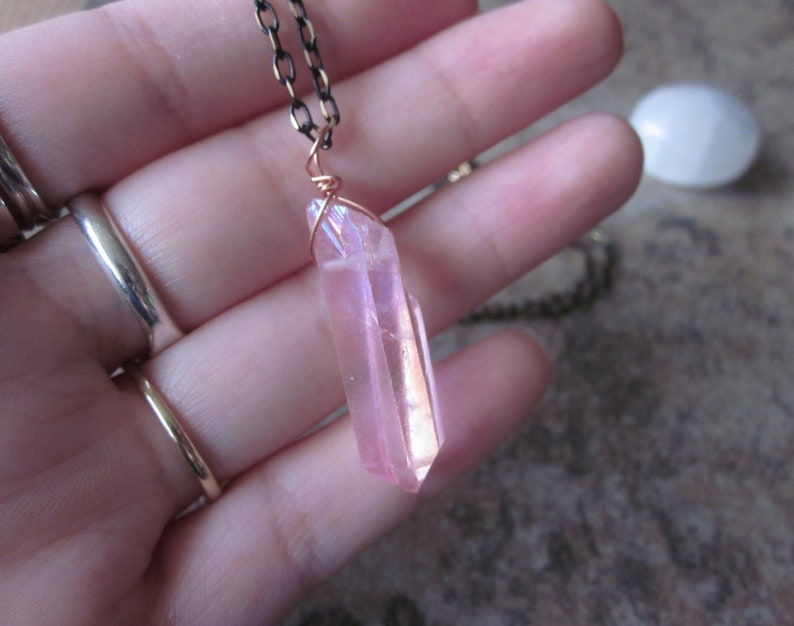 Rose Aura Quartz Necklace Canadian Shop Pastel Pink Crystal Gifts for Him or Her Copper /& Gunmetal Layering Necklace Heart Chakra Stone