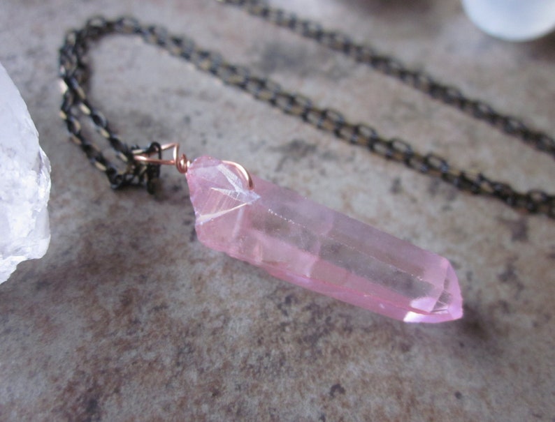 Rose Aura Quartz Necklace Canadian Shop Pastel Pink Crystal Gifts for Him or Her Copper /& Gunmetal Layering Necklace Heart Chakra Stone