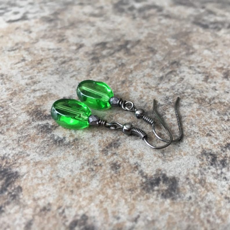 Green Glass Oval Dangle Earrings with Hematite Oxidized Brass Gunmetal Wire Canadian Designer
