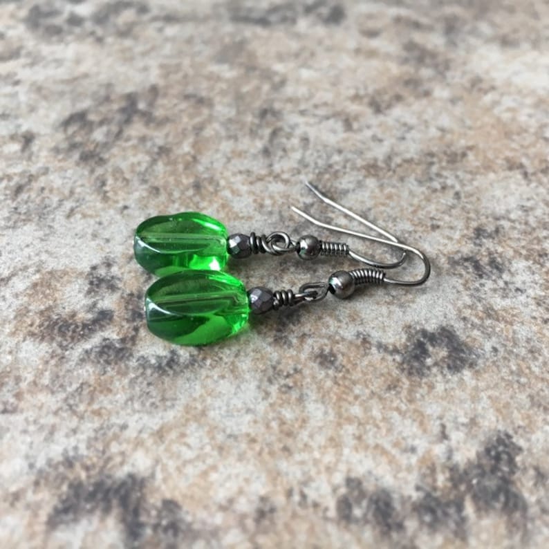 Green Glass Oval Dangle Earrings with Hematite Oxidized Brass Gunmetal Wire Canadian Designer