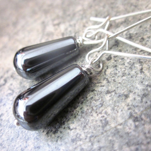 Hematite Earrings. Long Silver Drop Earrings. Sleek Black Gemstone. Minimalist Fashion. Contemporary Design - Last One - On Sale / Clearance