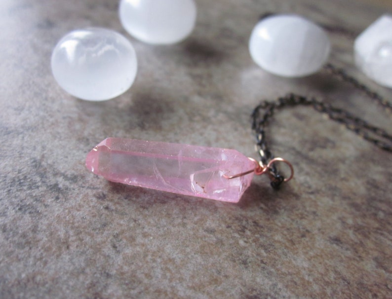 Rose Aura Quartz Necklace Canadian Shop Pastel Pink Crystal Gifts for Him or Her Copper /& Gunmetal Layering Necklace Heart Chakra Stone
