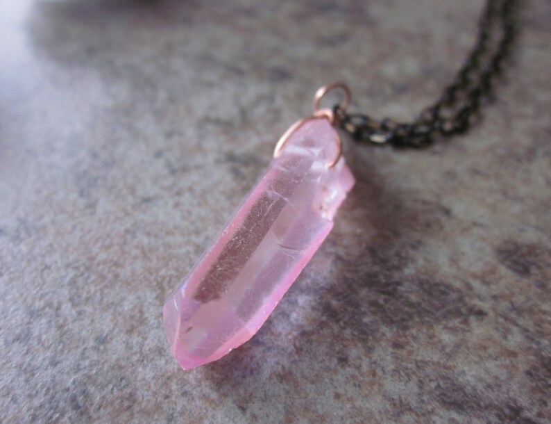Rose Aura Quartz Necklace Canadian Shop Pastel Pink Crystal Gifts for Him or Her Copper /& Gunmetal Layering Necklace Heart Chakra Stone