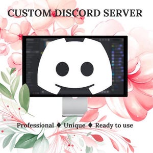 May include: A computer screen displaying a Discord server with the Discord logo in the center. The text "CUSTOM DISCORD SERVER" is at the top of the image. The words "Professional", "Unique", and "Ready to use" are at the bottom of the image.