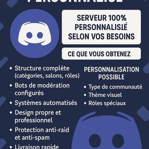 Peut inclure: Visuel bleu foncé pour la promotion de serveurs Discord personnalisés. Il présente le logo Discord, des puces énumérant les fonctionnalités et du texte blanc. Le texte comprend "Serveur Personnalisé" et "Livraison Rapide".