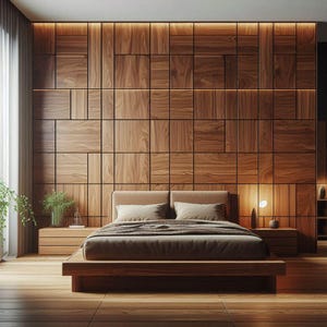 Puede incluir: Un dormitorio moderno con una cama de plataforma de madera y una cabecera hecha de paneles de madera. La pared detrás de la cama está cubierta con un patrón geométrico de paneles de madera.