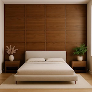 May include: A modern bedroom setup featuring a beige bed with matching bedding, flanked by wooden nightstands. The headboard is against a dark wood paneled wall. Decorative plants and a vase add a touch of nature to the room.