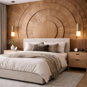 Puede incluir: Un dormitorio moderno con una cama gris claro, almohadas y una manta beige. El cabecero es un diseño de pared de madera con círculos concéntricos. Dos lámparas colgantes cuelgan sobre las mesitas de noche y una alfombra gris.