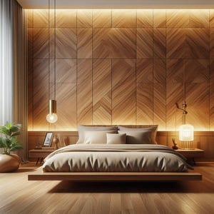 Puede incluir: Una cama plataforma con una cabecera beige y un edredón de lino beige. La cama está en un dormitorio con una pared de paneles de madera y una iluminación cálida.