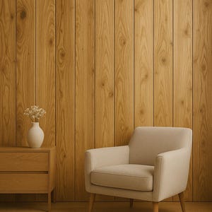 May include: A neutral-toned living room scene featuring a light beige armchair with wooden legs, a wooden side table, and a vase with dried flowers. The backdrop is a vertical wood panel wall, and a beige rug.