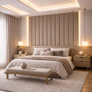 May include: A contemporary bedroom design in neutral tones. The image shows a bed with a beige duvet and cushions, a bench, and wooden bedside tables. The room has a textured wall, a rug, and pendant lights, creating a serene atmosphere.