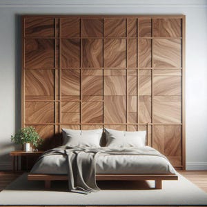 Puede incluir: Una cama plataforma con una cabecera de lino blanco y un edredón blanco. La cabecera está hecha de paneles de madera con un acabado de veta de madera natural.