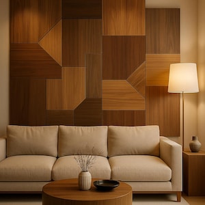 Puede incluir: Un salón moderno con un sofá beige, una mesa de centro redonda de madera y un panel de pared geométrico de madera. Una lámpara de pie con una pantalla blanca y una pequeña mesa auxiliar con un jarrón completan la escena. La habitación está decorada en tonos neutros.