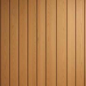 May include: Vertical wooden paneling in a warm, light brown hue. The panels are evenly spaced, creating a clean, modern aesthetic. The wood grain is visible, adding texture and natural detail. A white baseboard runs along the bottom.