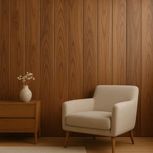 Puede incluir: Escena interior de estilo moderno con un sillón beige claro, una mesita de noche de madera y una pared de madera oscura. El sillón tiene patas de madera. Un pequeño jarrón con flores está sobre la mesita de noche.