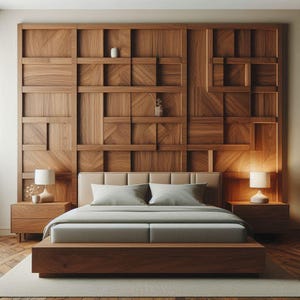 Puede incluir: Una cama con estructura de madera y cabecero hecho de un patrón geométrico de paneles de madera. La cama tiene un colchón gris claro y dos almohadas blancas.