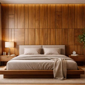 Puede incluir: Un dormitorio moderno con una estructura de cama y cabecero de madera. La cama está hecha con ropa de cama de color neutro y una manta. Dos mesitas de noche de madera flanquean la cama, cada una con una lámpara. Una gran planta en maceta y una ventana con cortinas completan la habitación.