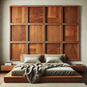 Puede incluir: Una cama plataforma con una cabecera de madera hecha de paneles cuadrados. La cabecera está hecha de madera oscura con un patrón de veta natural. La cama está hecha de madera clara y tiene un edredón y almohadas de lino gris.