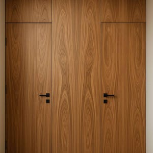 Puede incluir: Un conjunto de tres puertas de madera con un acabado de veta natural. Las puertas tienen manijas negras y están colocadas contra una pared neutra. Las puertas son parte de un armario empotrado.
