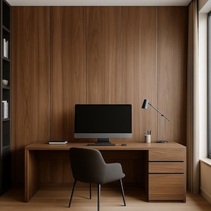 Puede incluir: Una moderna oficina en casa con un escritorio, una silla y paneles de pared de madera. Un monitor de ordenador, una lámpara de escritorio y un portalápices están sobre el escritorio. La habitación tiene un diseño minimalista con una paleta de colores neutros, creando un espacio de trabajo limpio y funcional.
