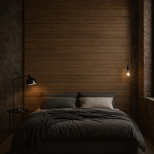 Può includere: Una camera da letto moderna con una palette di colori scuri. Il letto è coperto da una coperta e cuscini grigio scuro. Una testiera a pannelli di legno è dietro il letto. Una lampada nera e una lampada a sospensione illuminano la stanza.