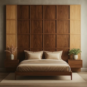 Puede incluir: Una cama con un cabecero de madera marrón y un revestimiento de lino beige. La cama está cubierta con un edredón de lino beige y dos almohadas beige. Hay dos mesitas de noche pequeñas de madera a cada lado de la cama.