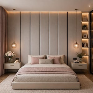 May include: A modern bedroom with a neutral color palette. The bed has a beige base and is dressed with pink and beige bedding. Two glass globe pendant lights hang on either side of the bed. A walk-in closet is visible in the background.