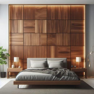 Puede incluir: Un dormitorio moderno con un cabecero de madera con un patrón geométrico. La cama tiene un cabecero tapizado gris, ropa de cama blanca y un marco de madera. Dos mesitas de noche con lámparas flanquean la cama. También se ve una planta en maceta y una lámpara de pie.