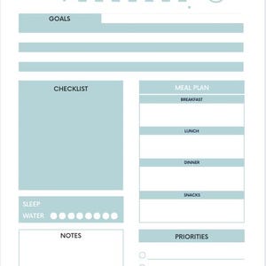May include: A light blue daily planner with a checklist, meal plan, notes, and priorities sections. The planner has a simple design with stars and a crescent moon.