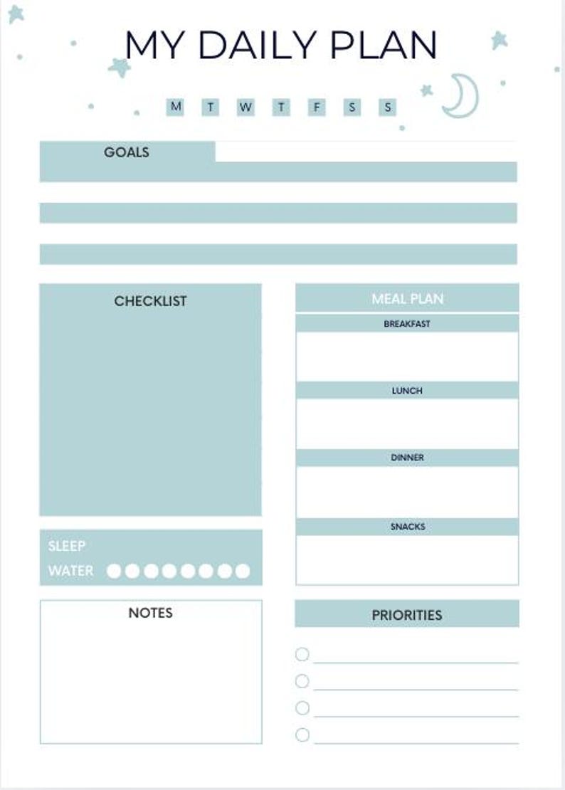 May include: A light blue daily planner with a checklist, meal plan, notes, and priorities sections. The planner has a simple design with stars and a crescent moon.