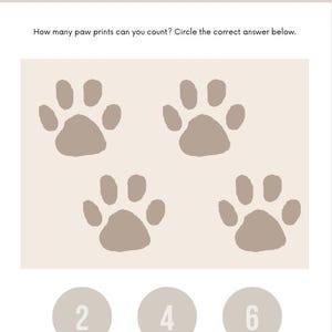 May include: A worksheet with four paw prints on a beige background. The question "How many paw prints can you count? Circle the correct answer below." is printed above the paw prints. Below the paw prints are three circles with the numbers 2, 4, and 6 printed inside.
