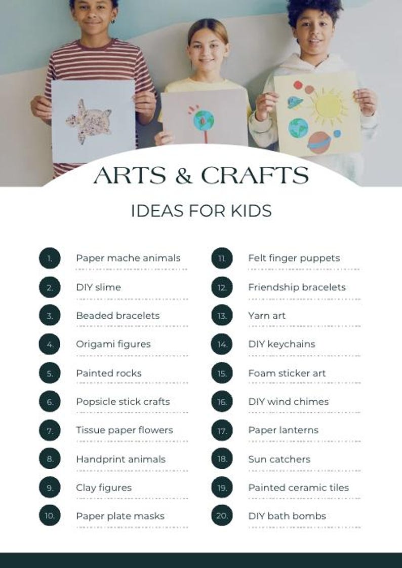 May include: A list of 20 arts and crafts ideas for kids, numbered and organised in two columns. The list includes ideas such as paper mache animals, DIY slime, beaded bracelets, origami figures, painted rocks, popsicle stick crafts, tissue paper flowers, handprint animals, clay figures, paper plate masks, felt finger puppets, friendship bracelets, yarn art, DIY keychains, foam sticker art, DIY wind chimes, paper lanterns, sun catchers, painted ceramic tiles, and DIY bath bombs.