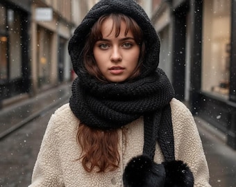 Set berretto e passamontagna in maglia da donna – Cappello invernale con pompon e sciarpa
