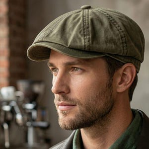 Könnte beinhalten: Olivgrüne Newsboy-Cap mit runder Krone und kurzem, steifem Schirm. Die Kappe hat eine strukturierte Optik mit Steppdetails. Der Hut ist ein klassischer Stil, der für verschiedene Freizeit-Outfits geeignet ist.