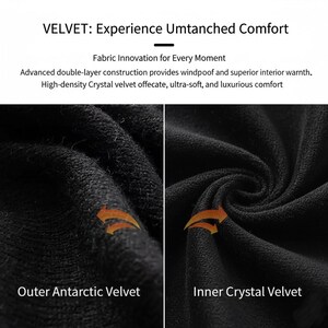 Pu&ograve; includere: Primo piano di tessuto di velluto nero, che mostra la trama e la costruzione. L'immagine evidenzia Outer Antarctic Velvet e Inner Crystal Velvet, con testo che indica resistenza al vento e calore superiore. Il testo recita "VELVET: Experience Umtanched Comfort."