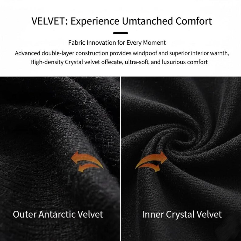 Pu&ograve; includere: Primo piano di tessuto di velluto nero, che mostra la trama e la costruzione. L'immagine evidenzia Outer Antarctic Velvet e Inner Crystal Velvet, con testo che indica resistenza al vento e calore superiore. Il testo recita "VELVET: Experience Umtanched Comfort."