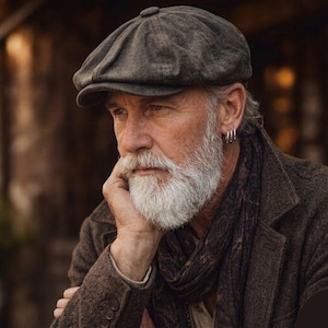 Puede incluir: Un hombre con una gorra gris, una chaqueta marrón y una bufanda estampada. Tiene una barba blanca completa y pendientes de aro plateados. El hombre está apoyando la barbilla en su mano.